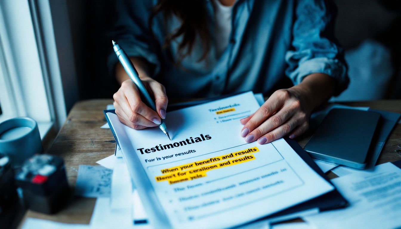 A woman holding a pen over a template for testimonials at her messy desk.