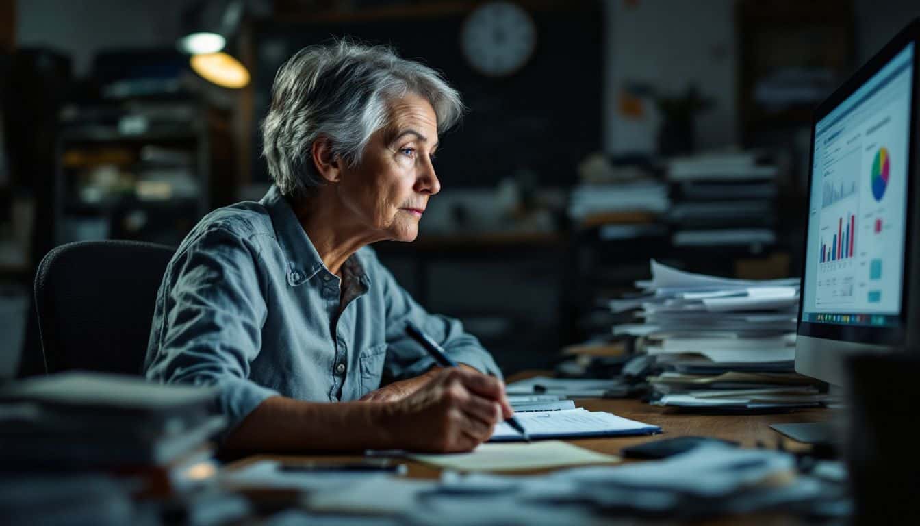 An older woman analyzing customer feedback reports at a cluttered desk.
