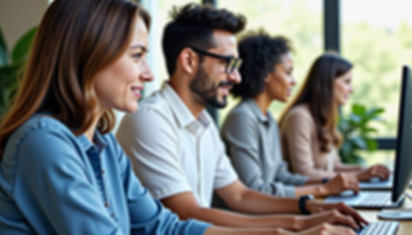 A diverse customer service team reviews feedback with empathy and professionalism.