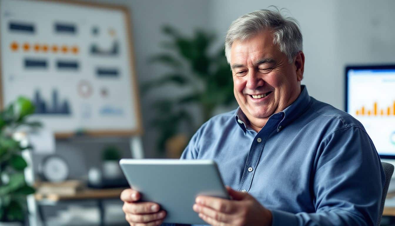 An older man smiles while reading positive customer reviews in an office.