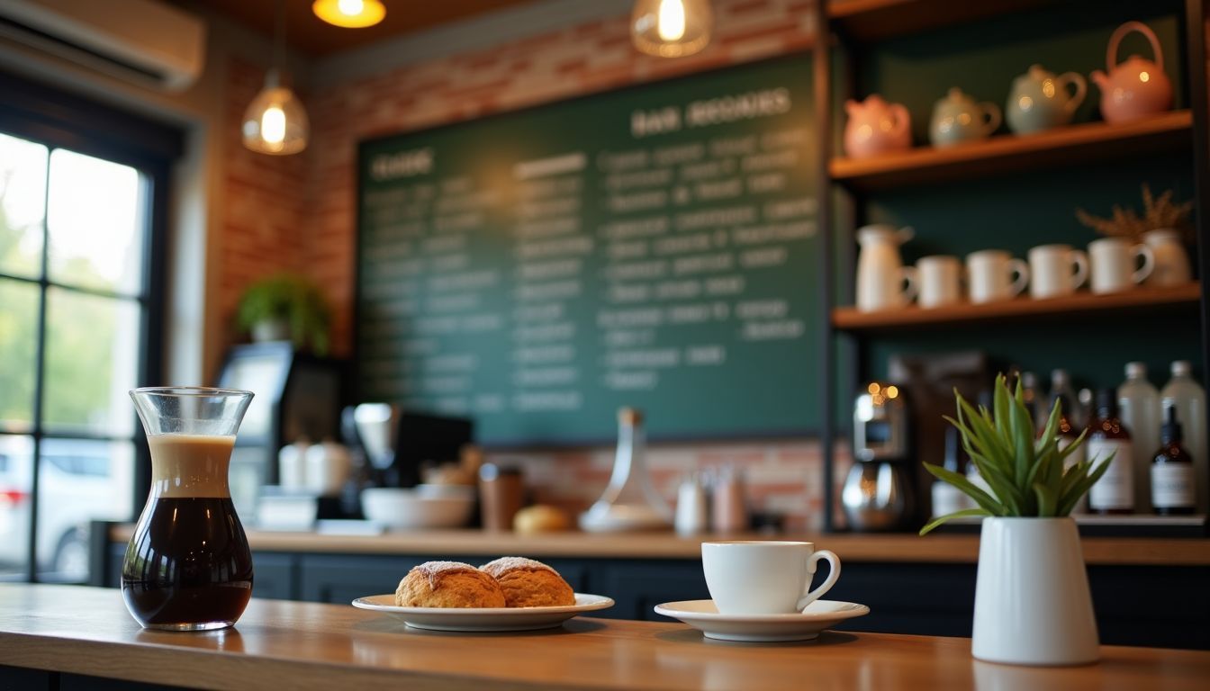 A cozy cafe with customer reviews, unique mugs, and artisan pastries.