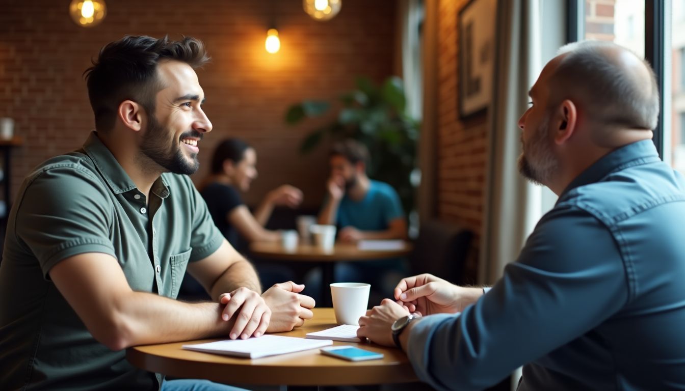Real estate agent and business owner collaborate on referral strategy in coffee shop.