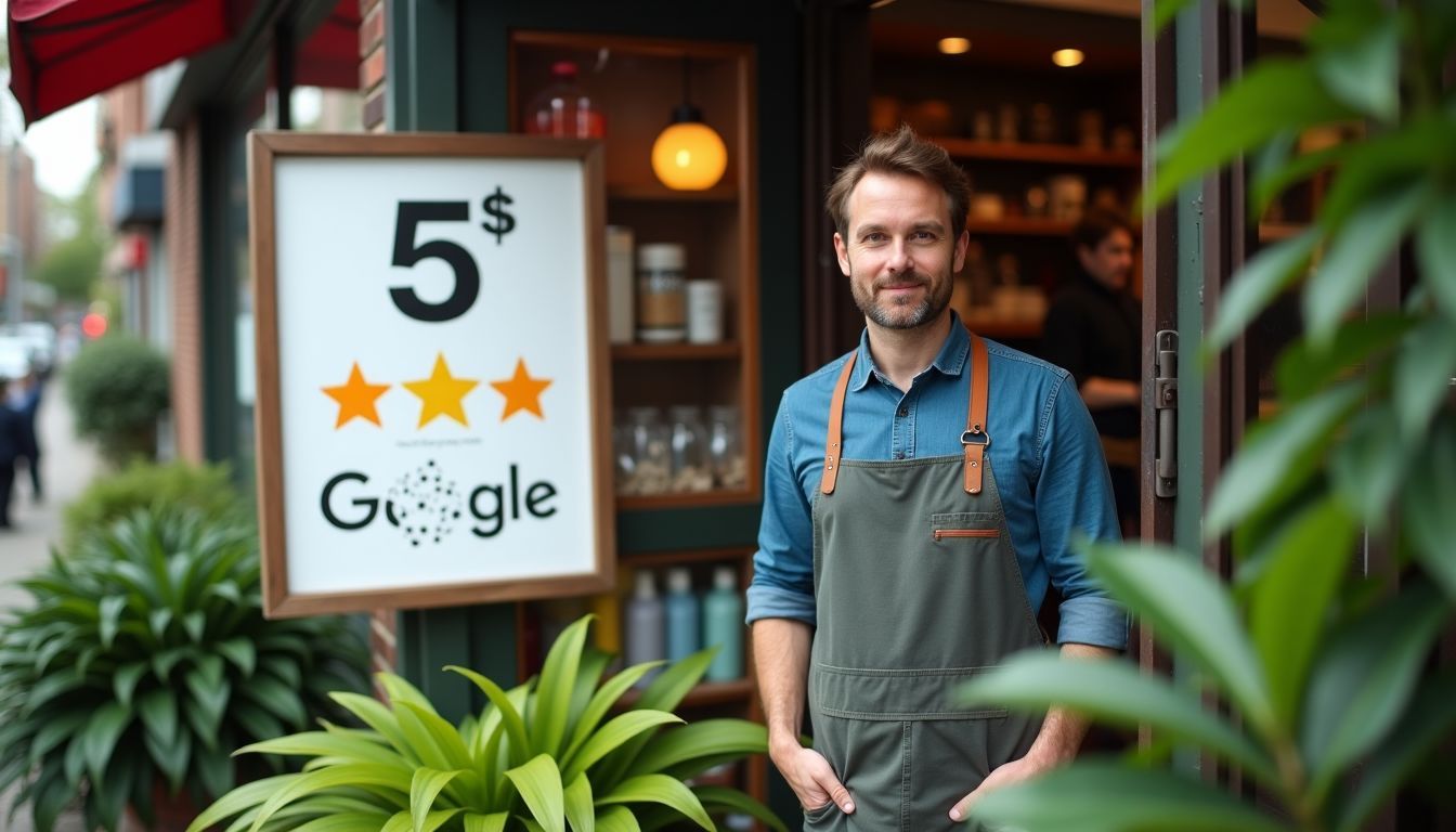 A local business storefront with a prominent 5-star Google rating.