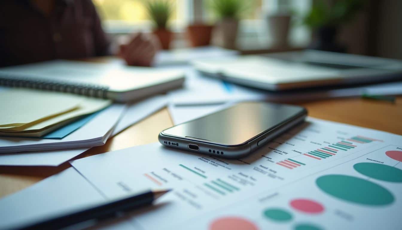 A cluttered desk with scattered notes, a smartphone, and marketing reports.