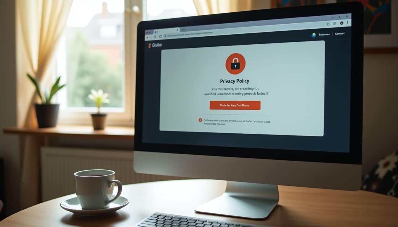 A cozy home office with a computer displaying a secure website.