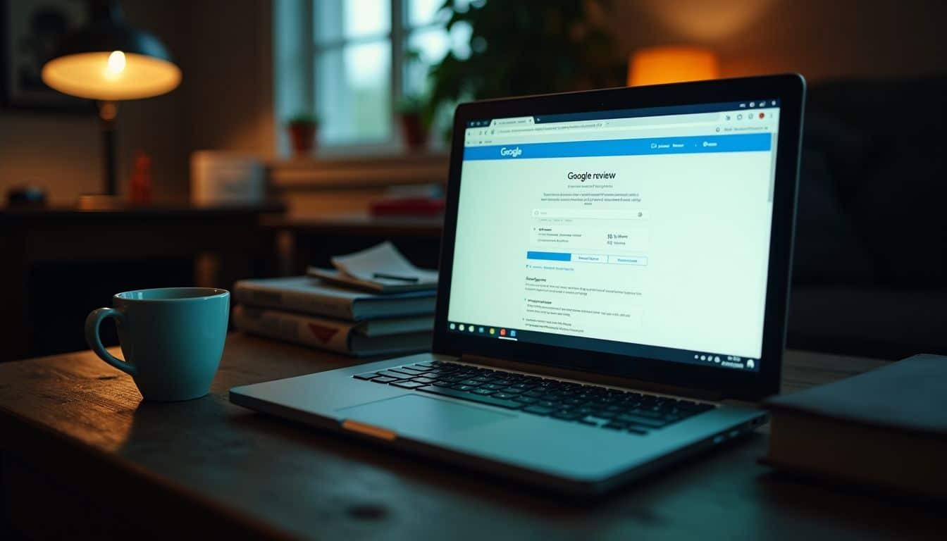 An old laptop displaying a Google review page on a cluttered desk.