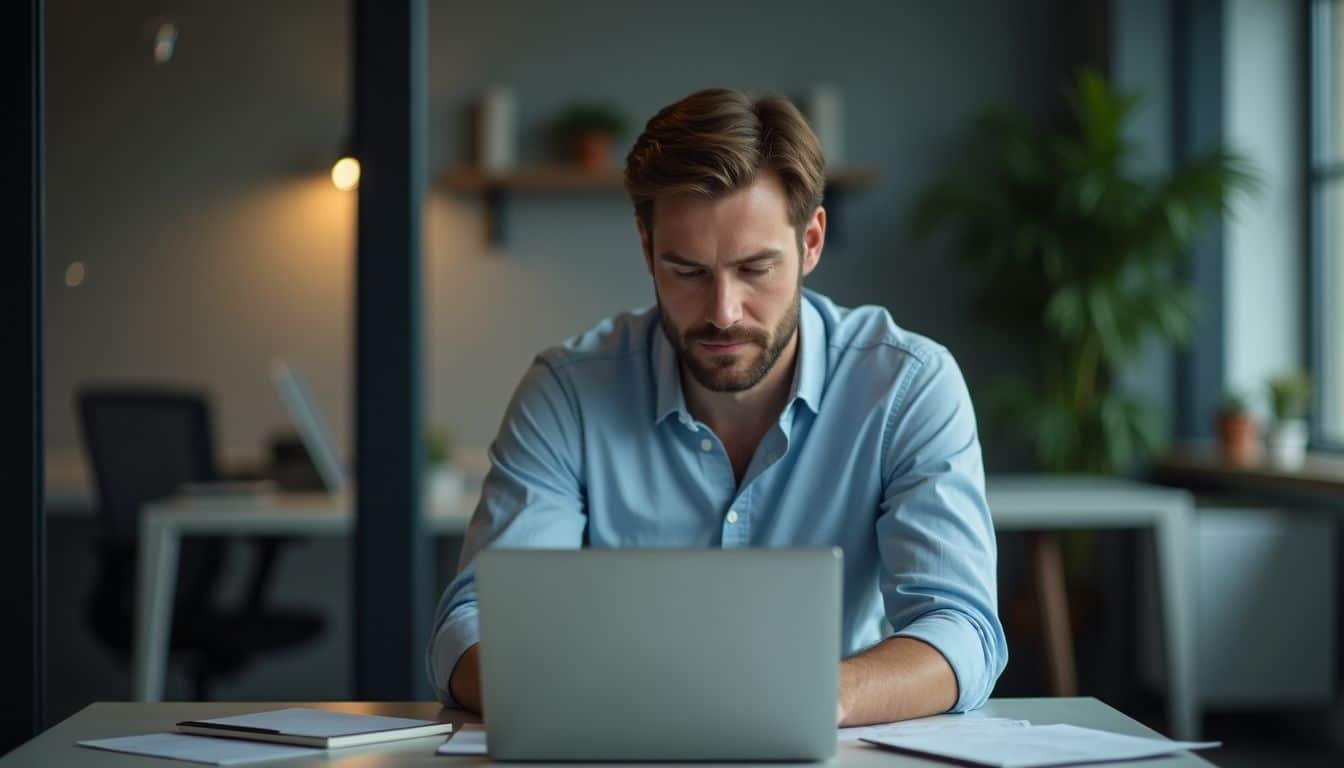 A man in his 30s analyzing a website on his laptop.