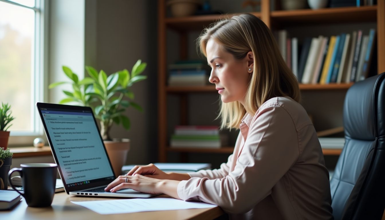 A middle-aged woman reads positive client testimonials at her home office.