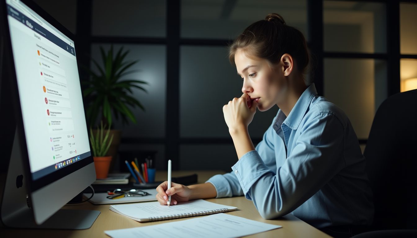 A professional reading customer feedback surveys at a cluttered office desk.