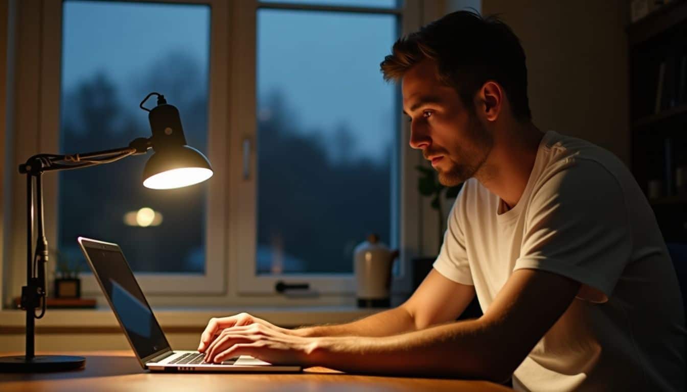 A man in his 30s writing a testimonial on his laptop.