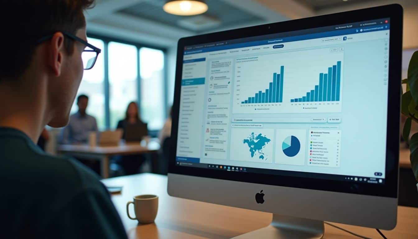 An office with a computer screen featuring AI-driven NPS analytics.