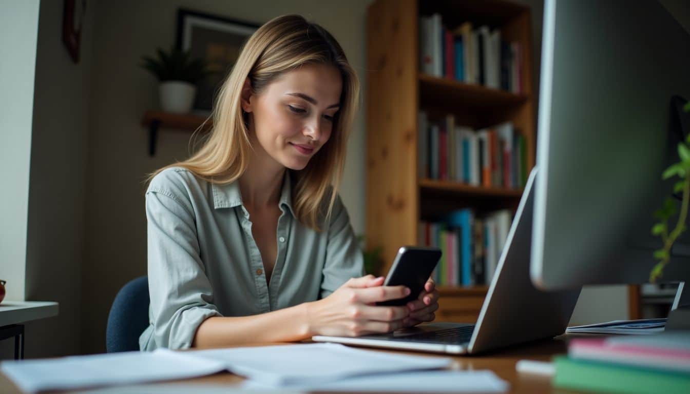 A woman types a positive review for a local business.