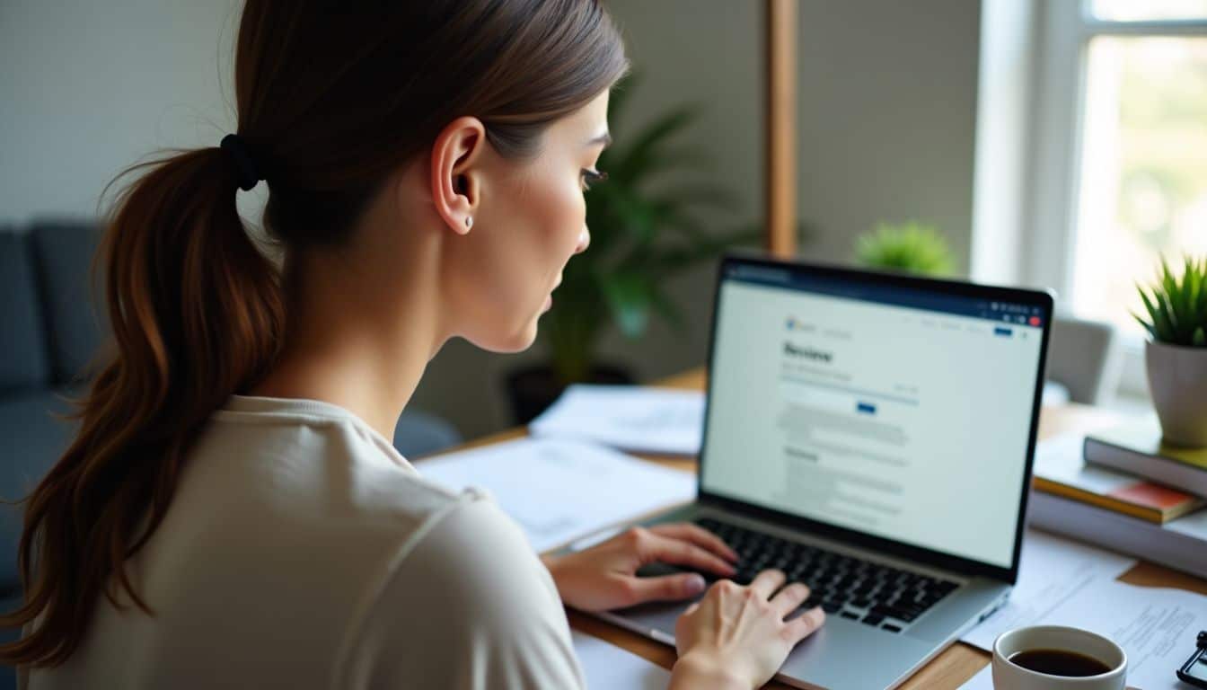 A woman in her 30s typing on a laptop at a cluttered desk.