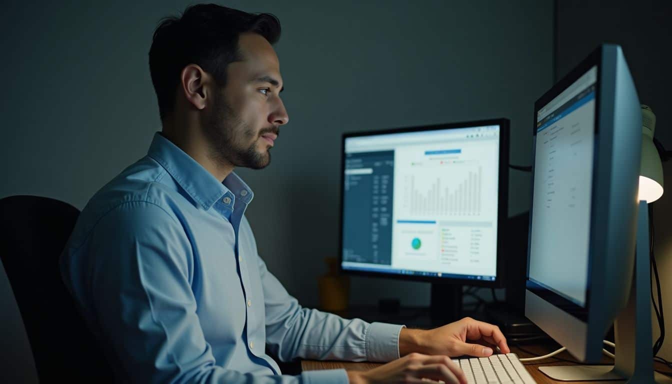 A person analyzing NPS data on a computer in an office.