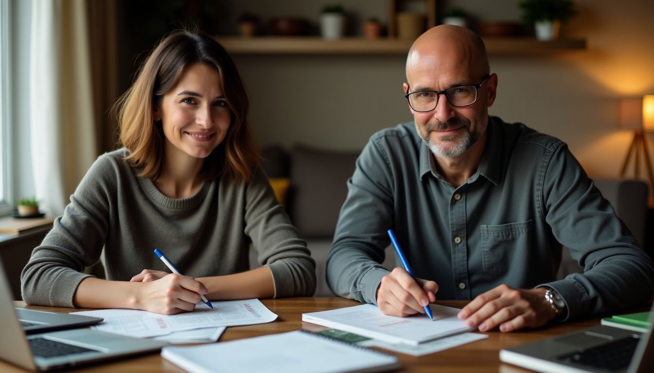 A couple writing Airbnb reviews in a cluttered living room.