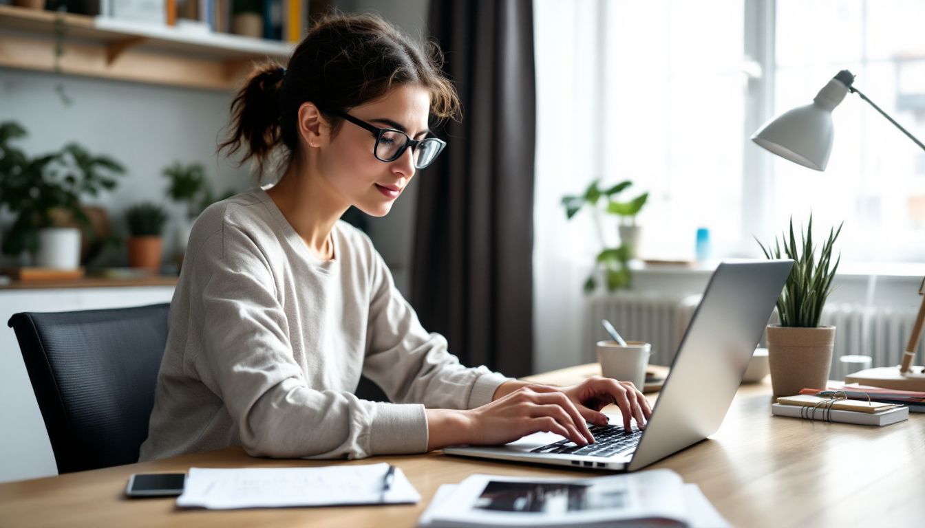 A person working on a laptop at a tidy desk in a bright room.