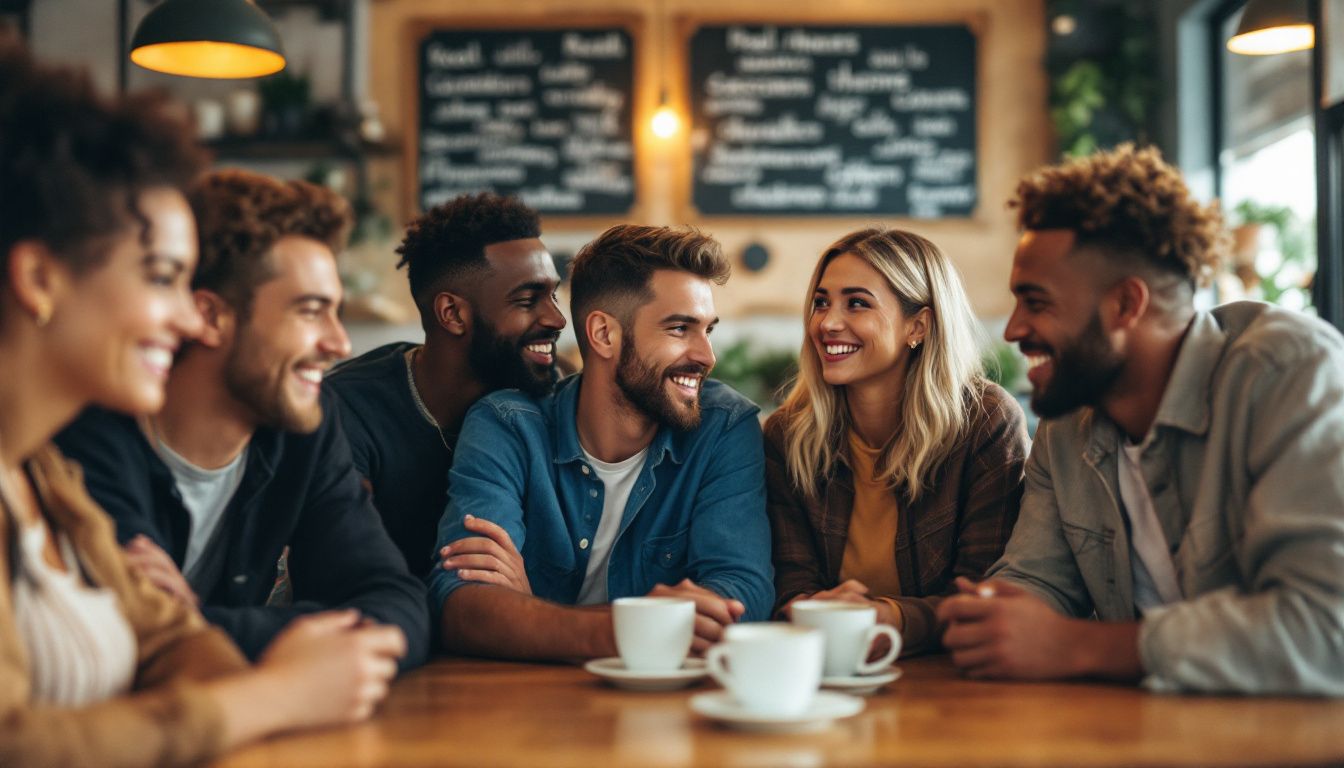 A group of people having a casual conversation in a coffee shop.