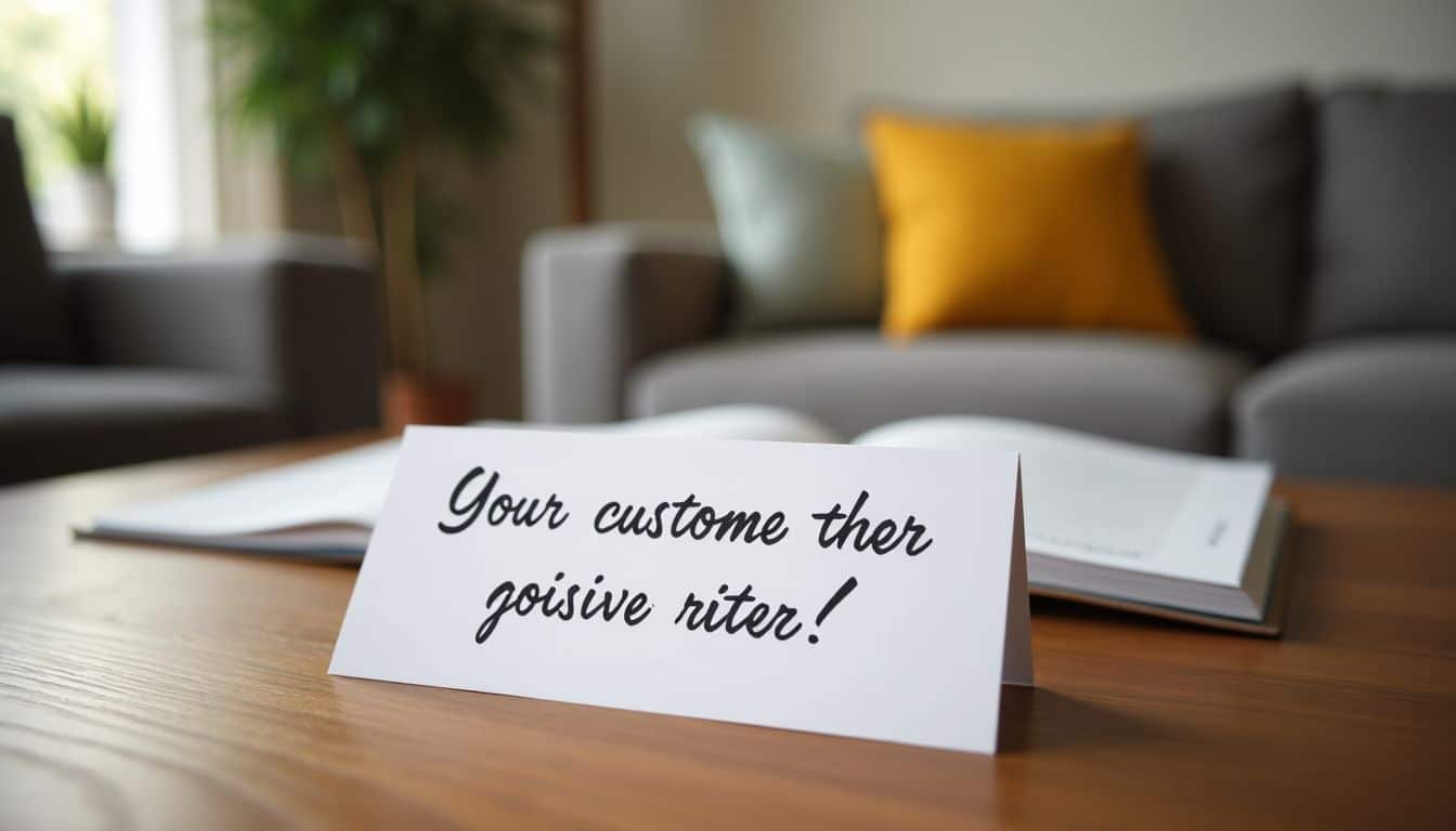 A collection of positive customer review cards displayed on a wooden table.