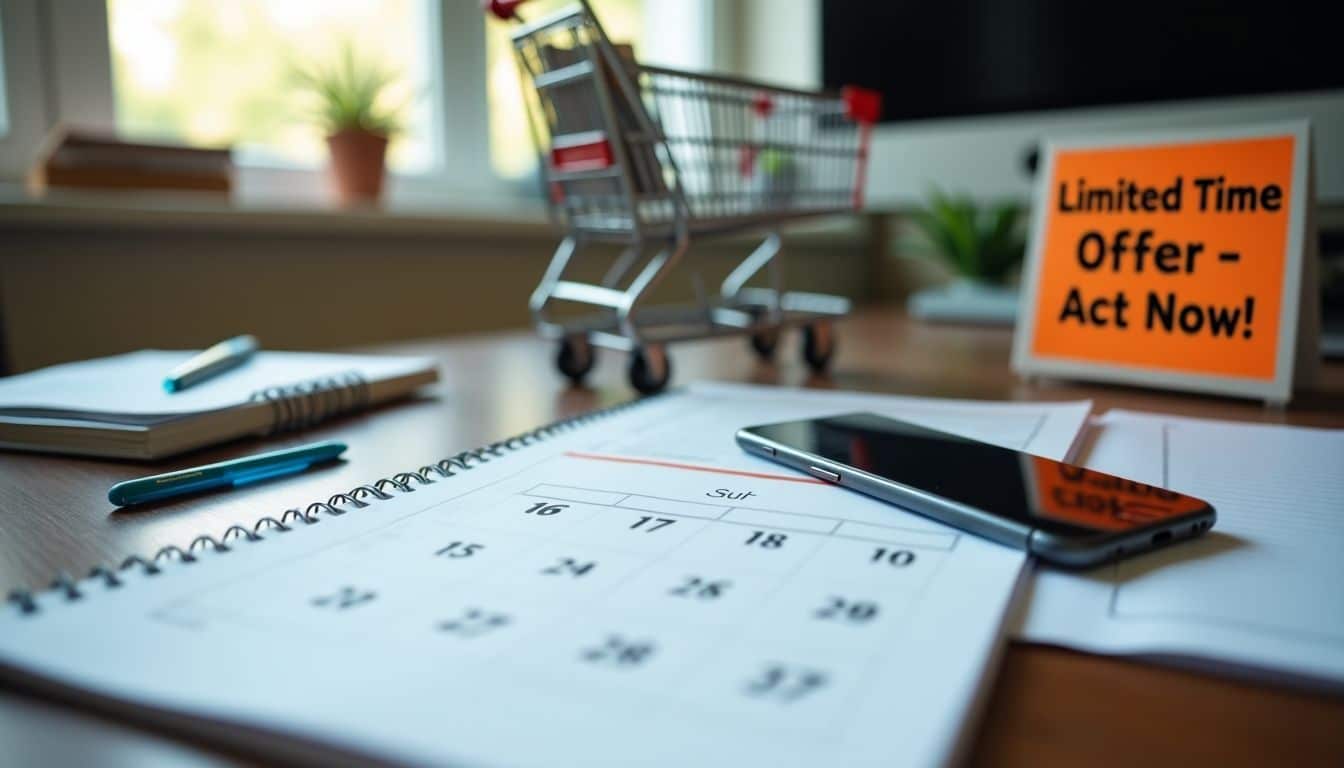 A cluttered desk with approaching deadlines, urgent notifications, and a limited-time offer.