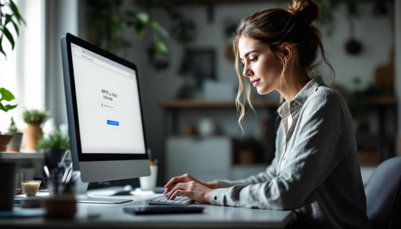 A woman writes a Google review at a tidy desk.