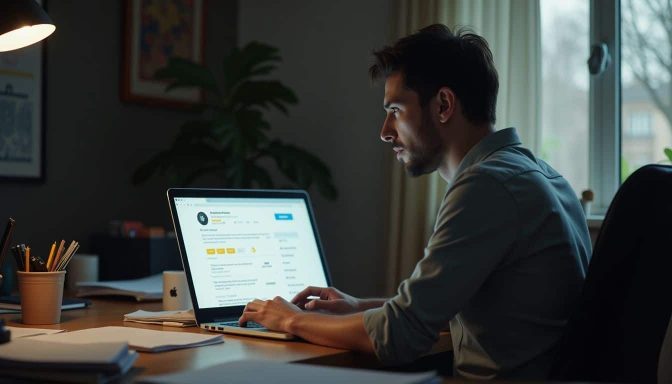 A person sits at a cluttered desk, looking at a laptop.
