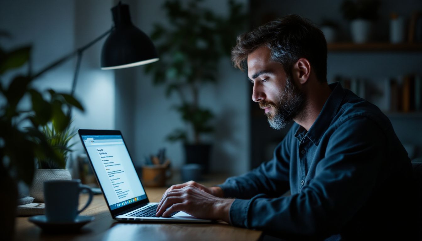 A person editing Google reviews at a cozy home office desk.