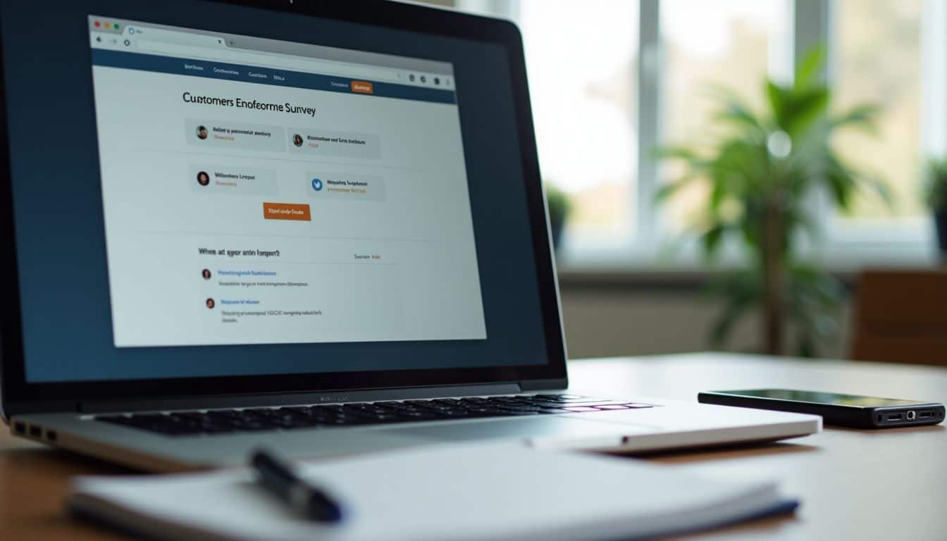 A desk with computer, notebook, and customer feedback survey open.