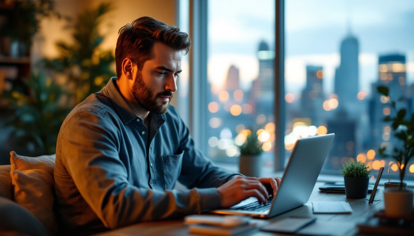 A real estate agent working in a cozy home office with a view of the city outside.