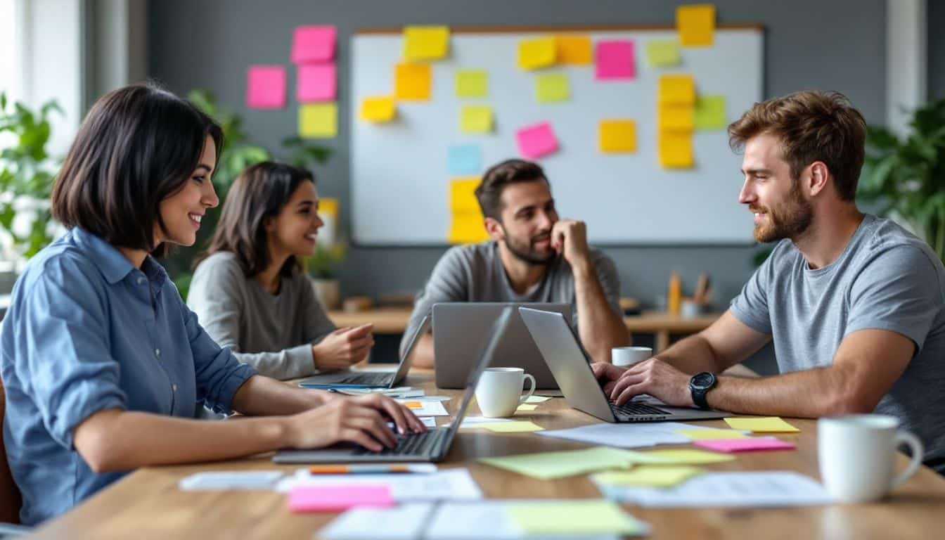 A diverse team collaborates on personalized email campaign ideas in an office.