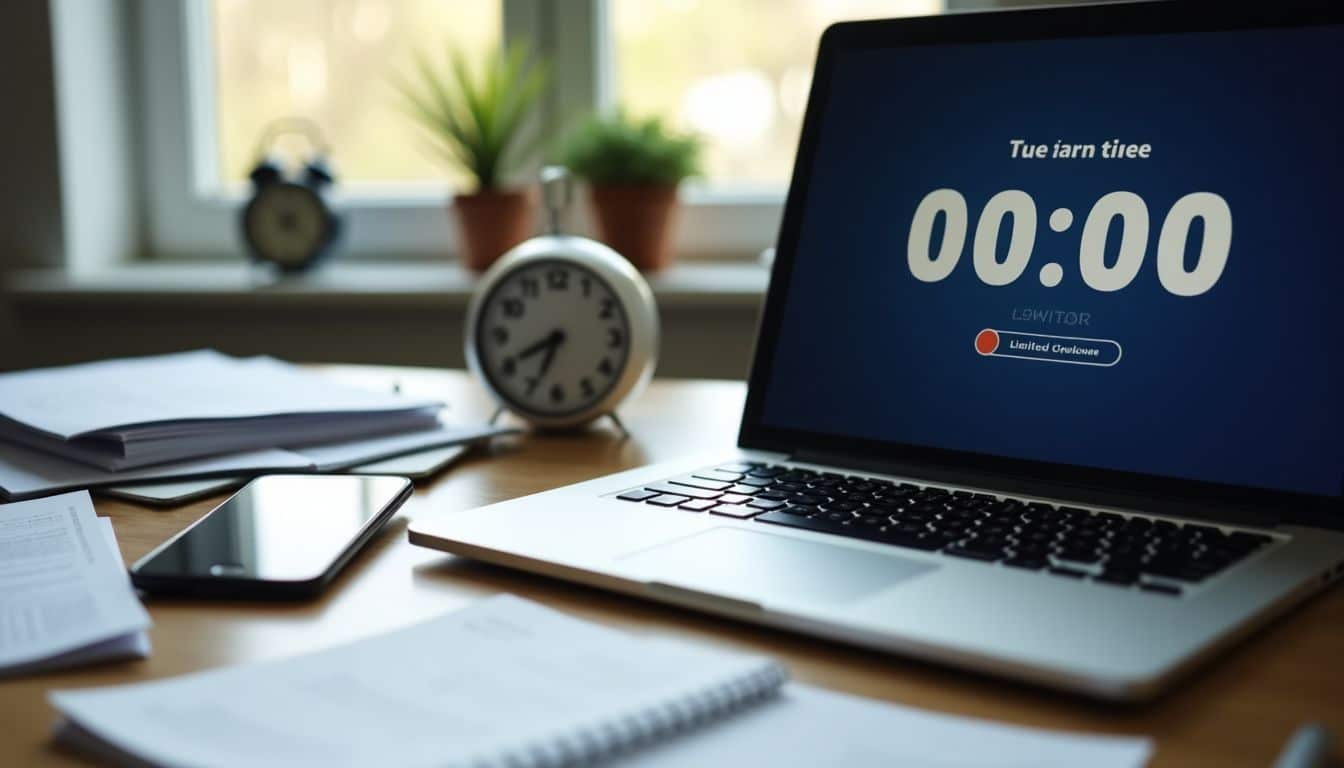 A cluttered desk with papers, ticking clock, and technology displaying urgency.