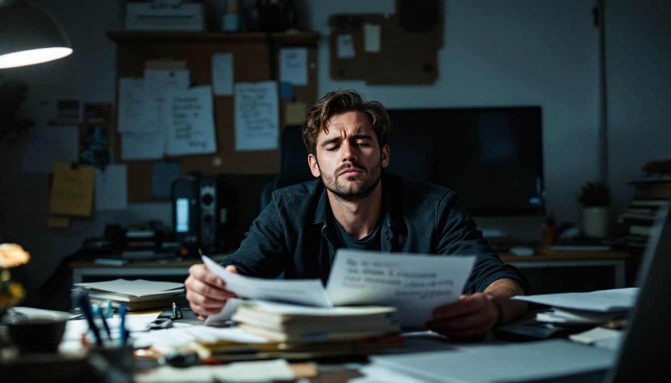 A small business owner reviews customer testimonials at cluttered desk.