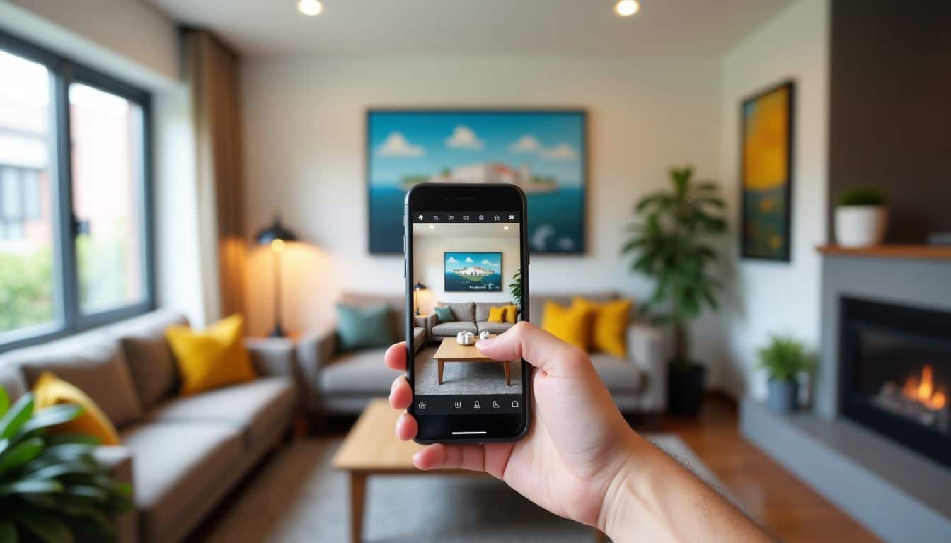 A modern living room with advanced technology and interactive virtual tour.