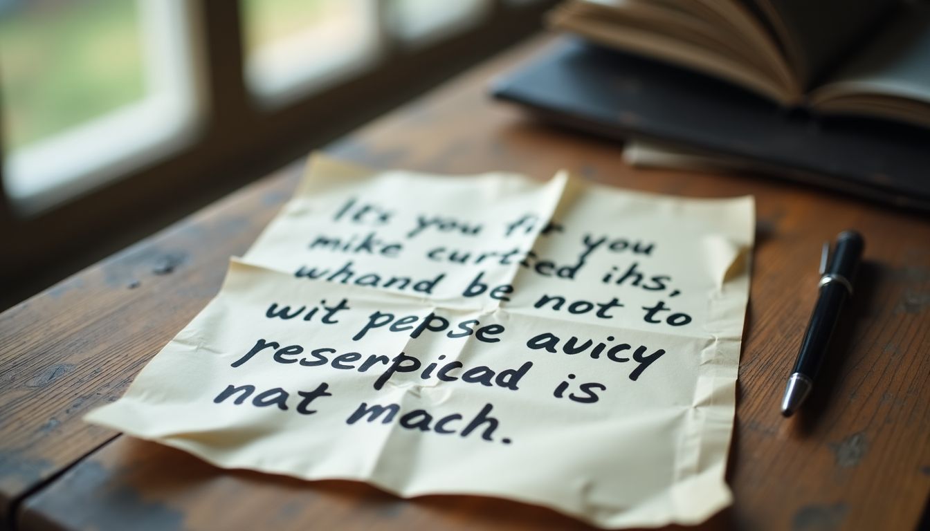 A handwritten testimonial on crumpled paper with a vintage pen.