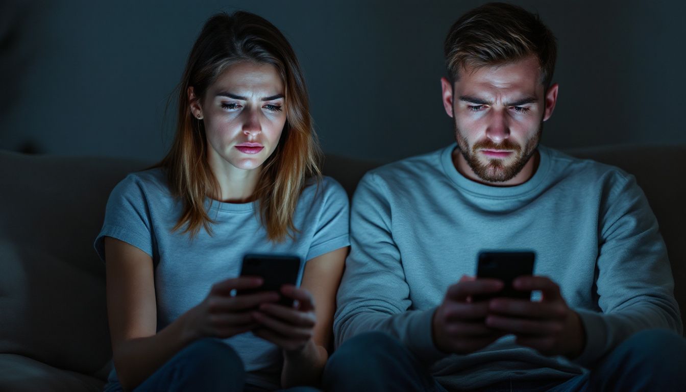 A frustrated couple sitting on a couch, looking at their smartphones.