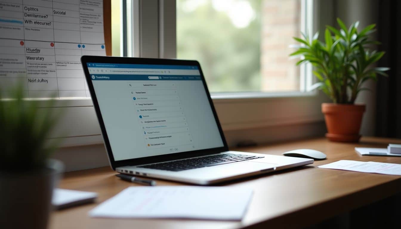 A home office desk with Trustmary interface and customer feedback notes.