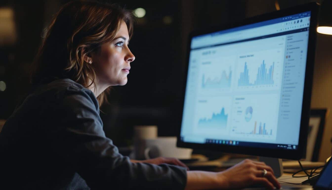 A middle-aged woman analyzes NPS scores on her computer at work.