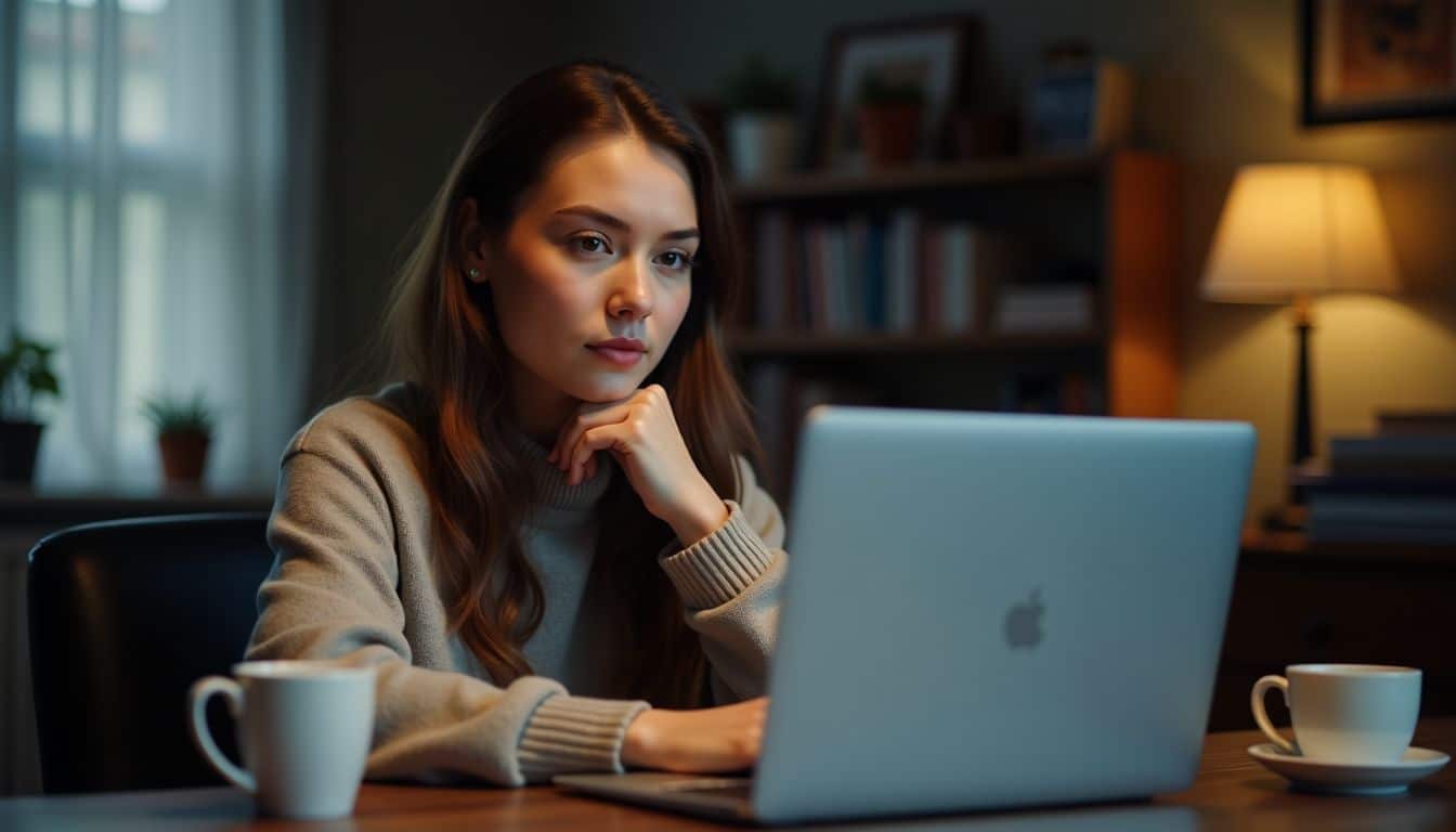A person writing an Airbnb review at a cluttered home office.