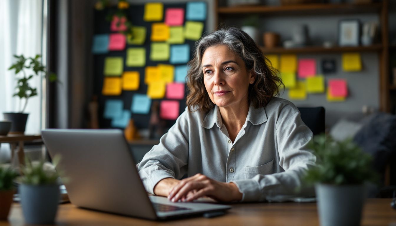 A woman responds to negative online reviews in her home office.