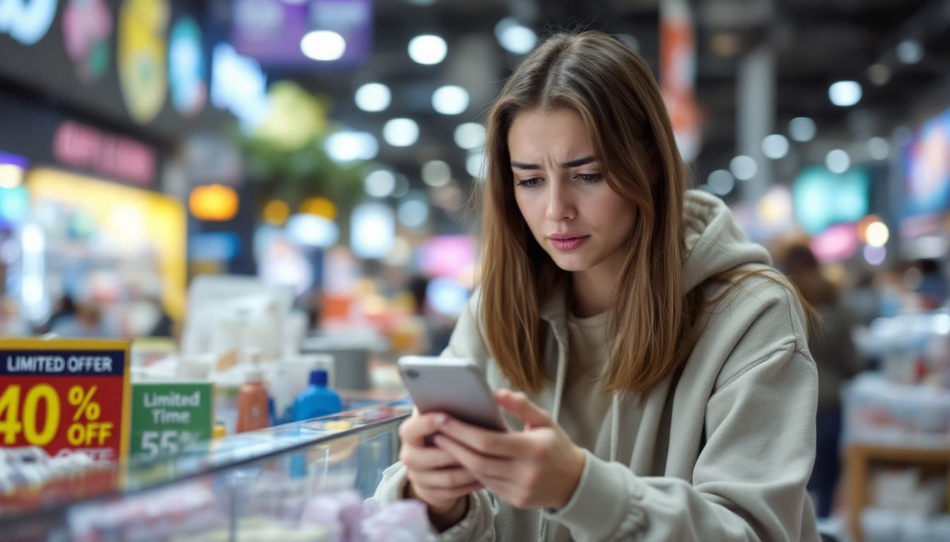 A young woman looks anxious while shopping in a crowded mall.