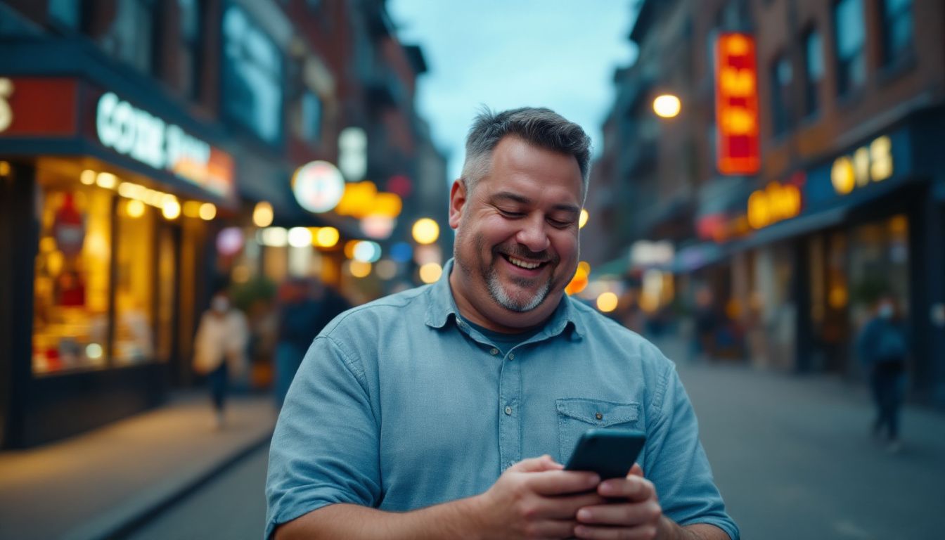 A mid-30s man smiles at his phone on a city street.