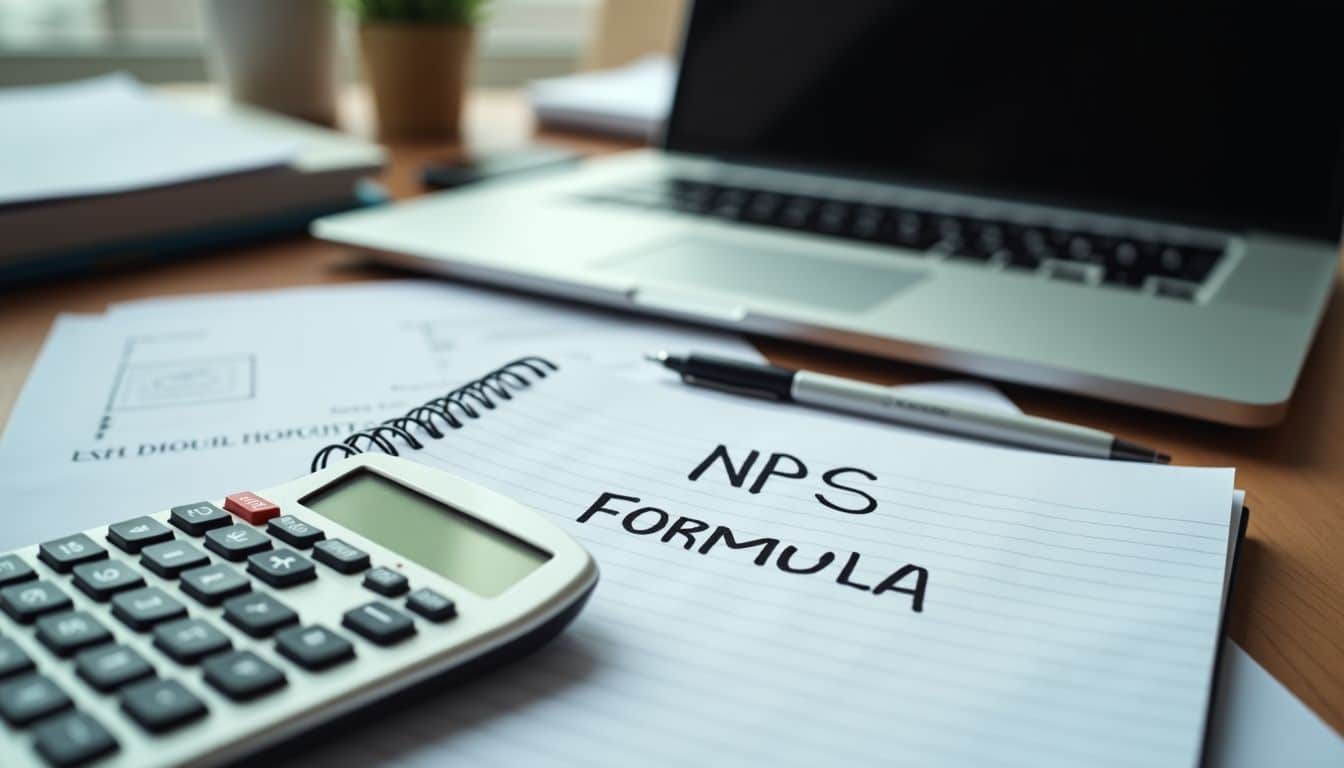 A cluttered office desk with laptop, notebook, pen, and calculator.