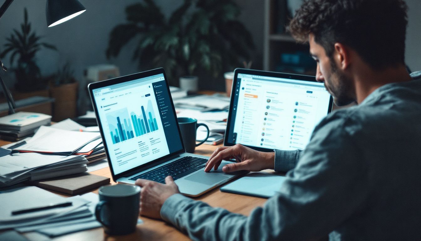 A person is comparing customer review platforms on a laptop.