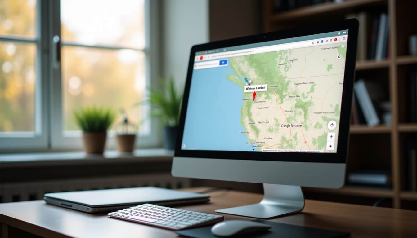 A tidy home office desk with a desktop computer displaying Google Maps.