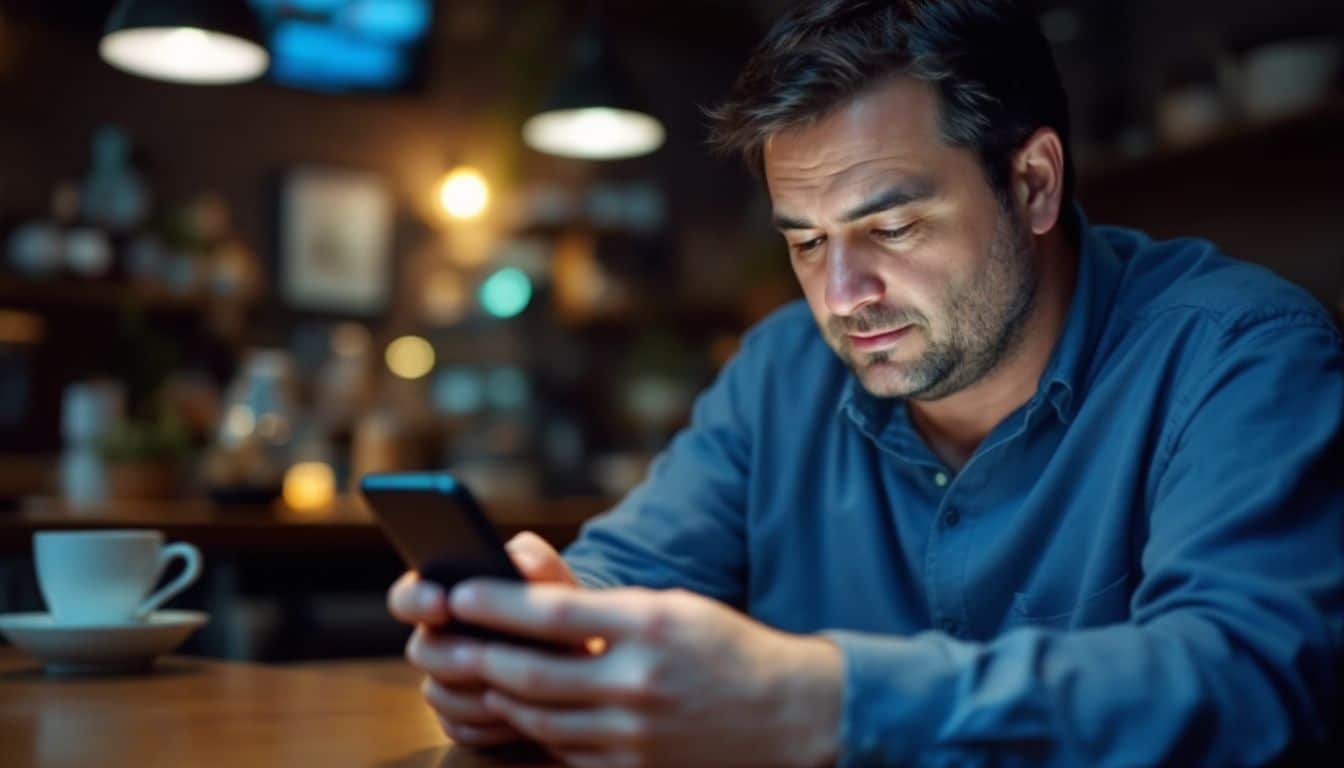 A person in a coffee shop typing a review on their phone.