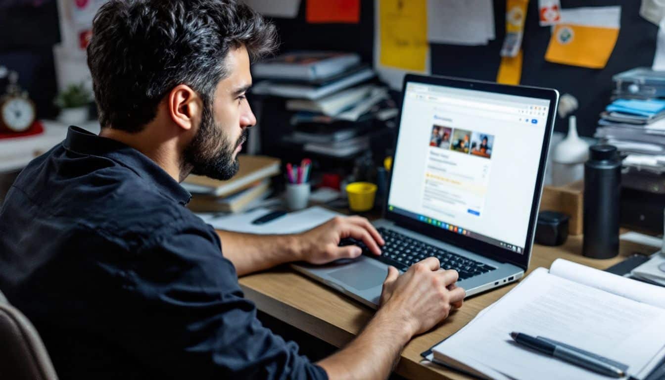 A person writing a review on a cluttered desk with a laptop.