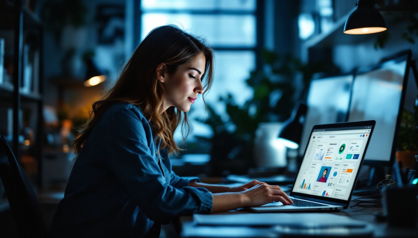 A woman in her 30s is working on Trustmary software in an office.