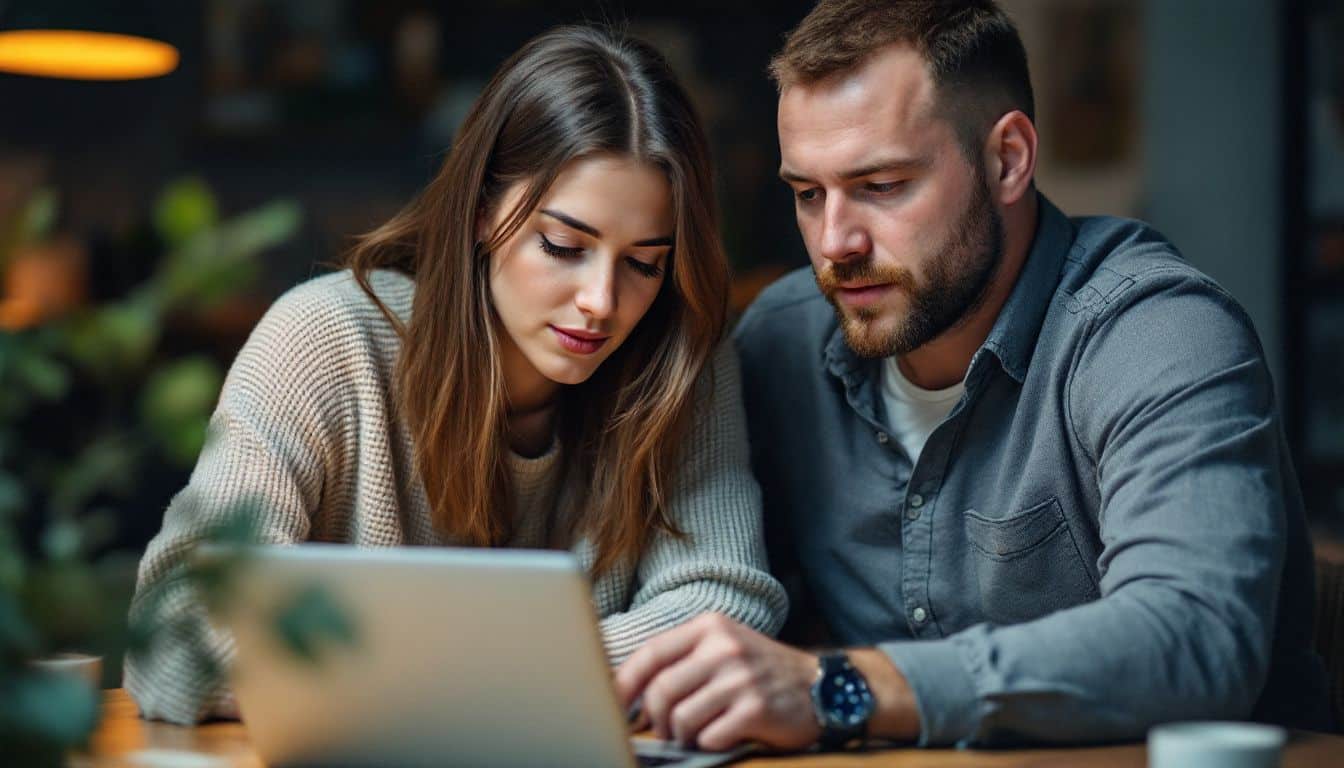 A couple in their mid-30s sitting together and reviewing a customer satisfaction survey on a laptop.