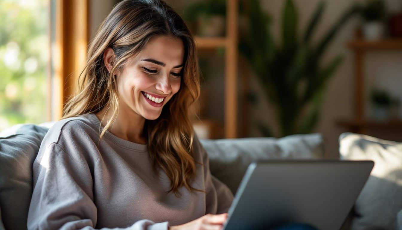 A woman smiles as she reads positive Airbnb reviews in her living room.