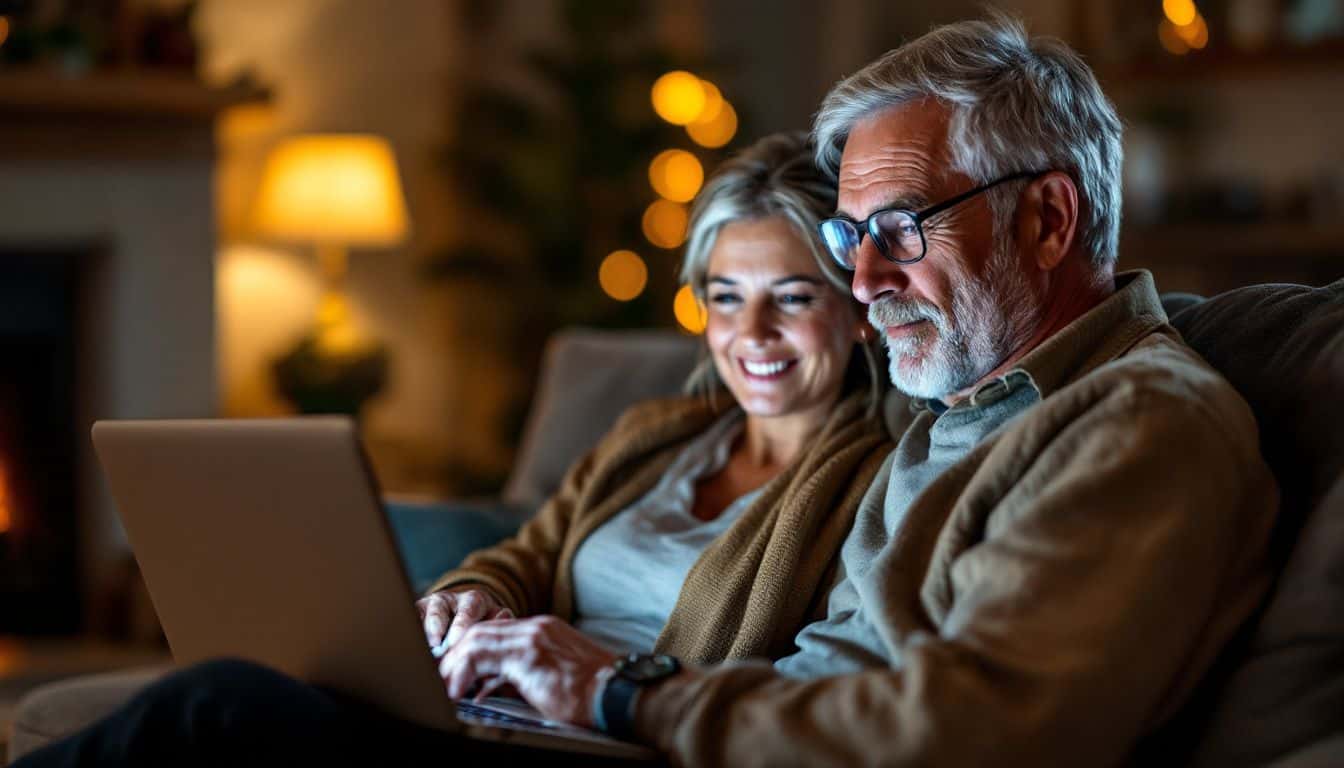 An older couple looks at glowing testimonials on a laptop.