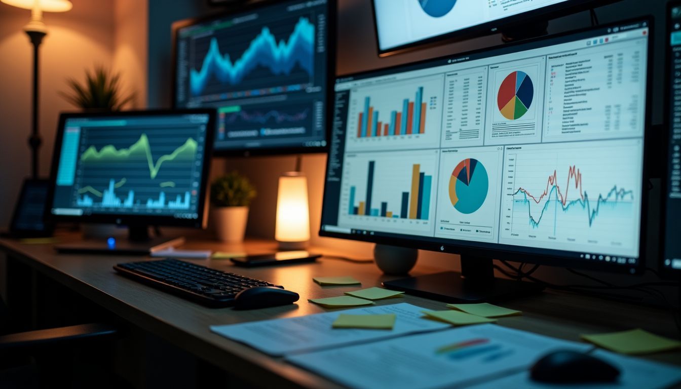A data analyst's busy workstation with multiple screens and charts.